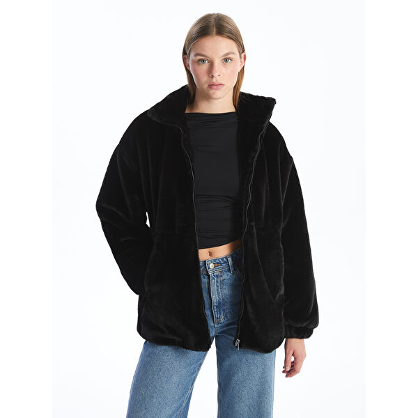 Dik Yaka Kadın Kürk Kaban