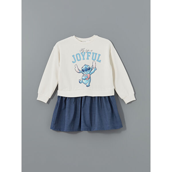 Bisiklet Yaka Stitch Baskılı Kız Çocuk Elbise
