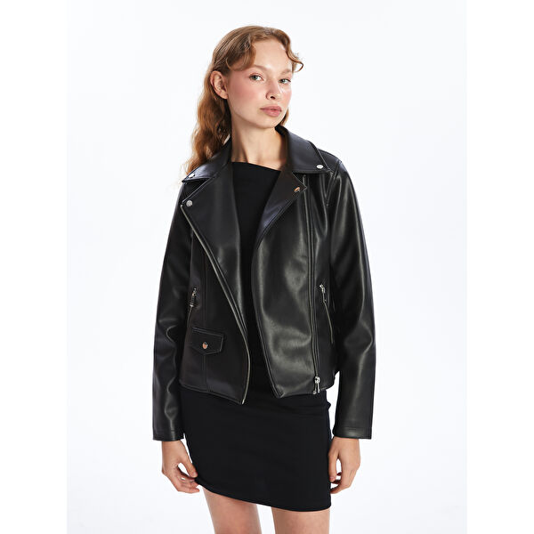 Biker Yaka Kadın Deri Görünümlü Ceket