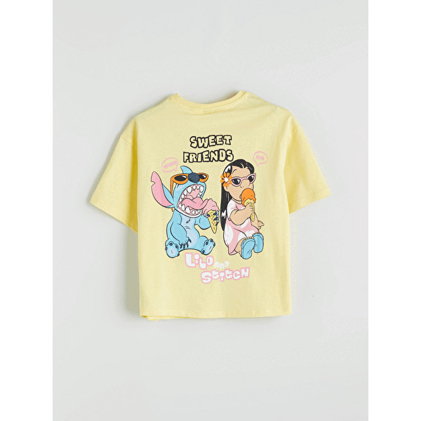 Bisiklet Yaka Lilo ve Stitch Baskılı Kız Çocuk Tişört