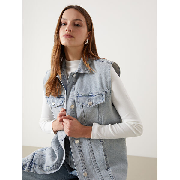 Gömlek Yaka Kadın Jean Yelek