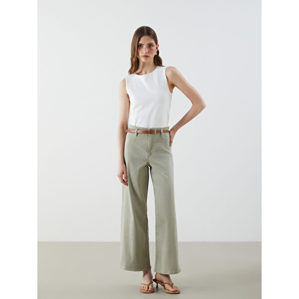 Beli Kemerli Wideleg Kadın Jean Pantolon
