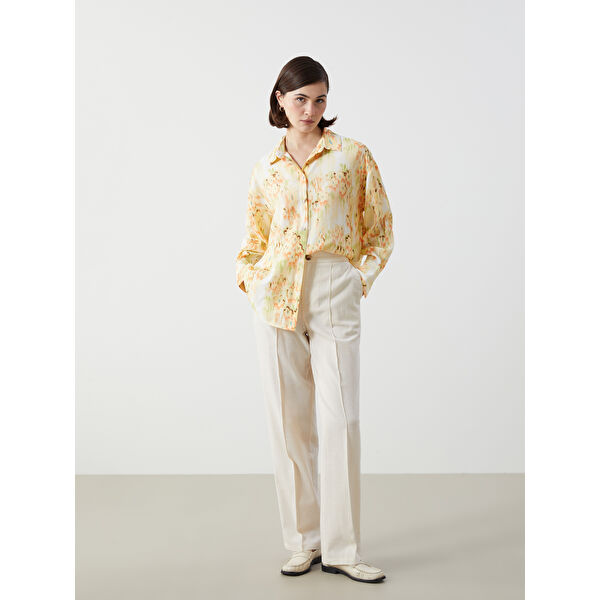 Standart Fit Düz Keten Karışımlı Kadın Pantolon