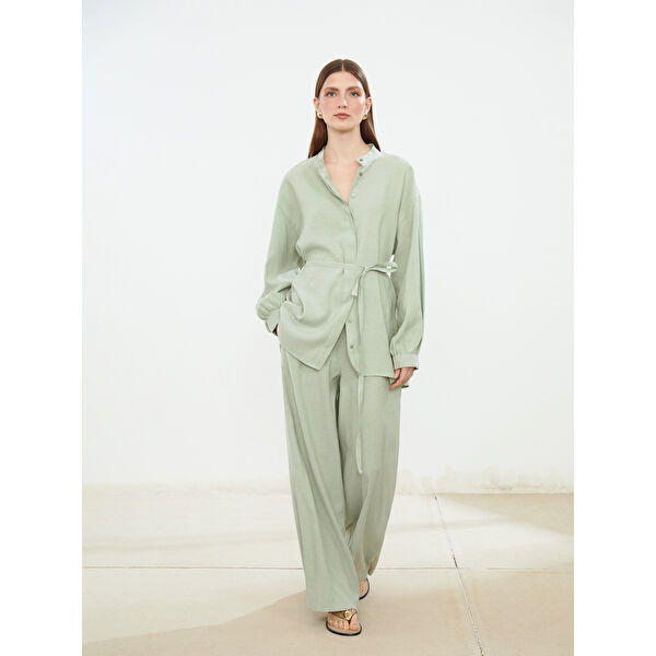 Beli Lastikli Keten Karışımlı Kadın Pantolon