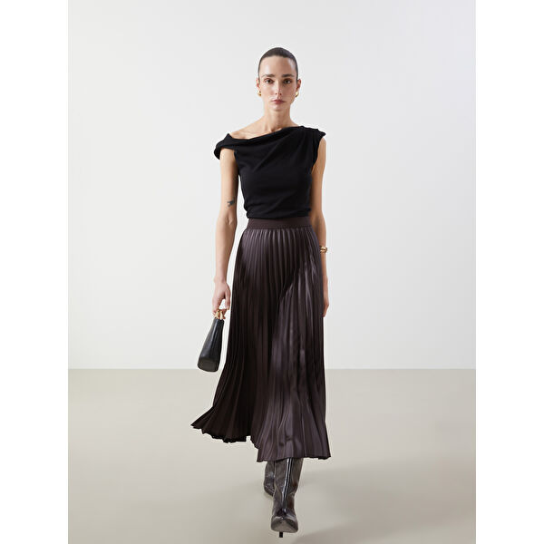 Beli Lastikli Saten Kadın Pileli Etek