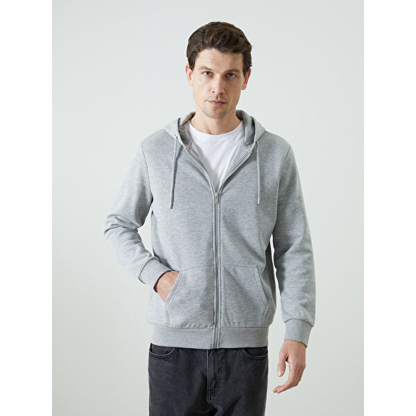 Kapüşonlu Uzun Kollu Erkek Fermuarlı Sweatshirt