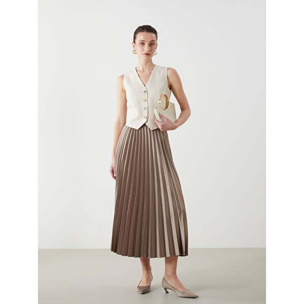 Beli Lastikli Saten Kadın Pileli Etek