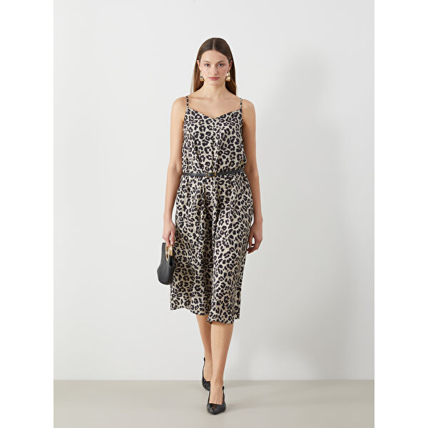 V Yaka Leopar Desenli İp Askılı Elbise