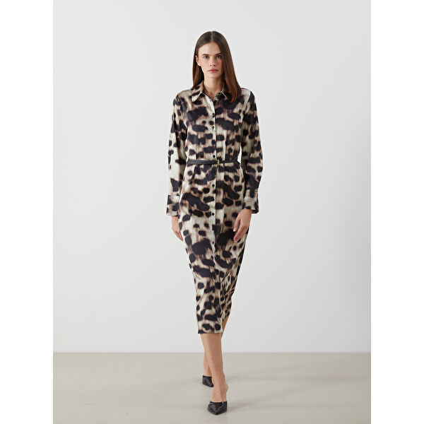 Desenli Saten Kadın Gömlek Elbise