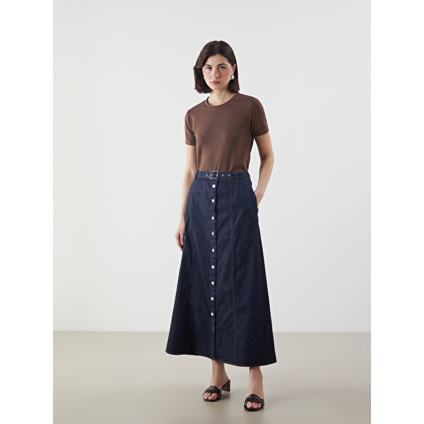 Beli Kemerli Düğmeli Jean Etek