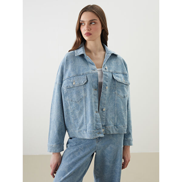 Gömlek Yaka Desenli Oversize Kadın Jean Ceket