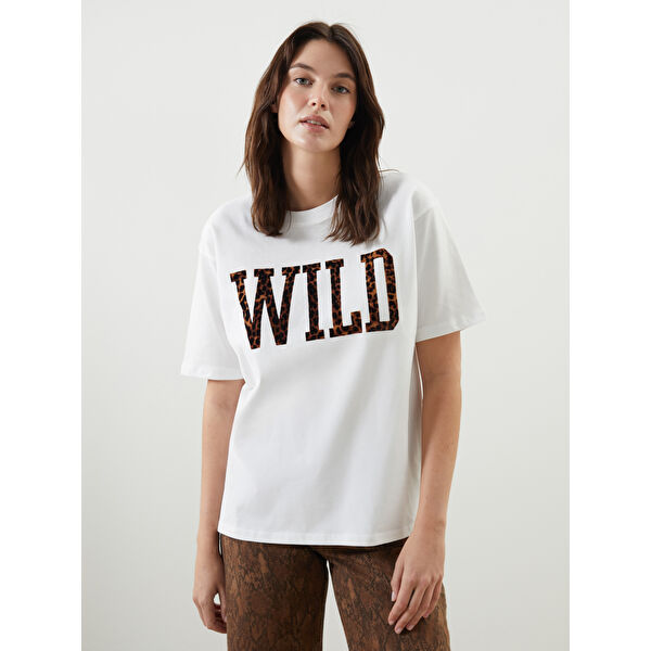 Bisiklet Yaka Baskılı Oversize Kadın Tişört