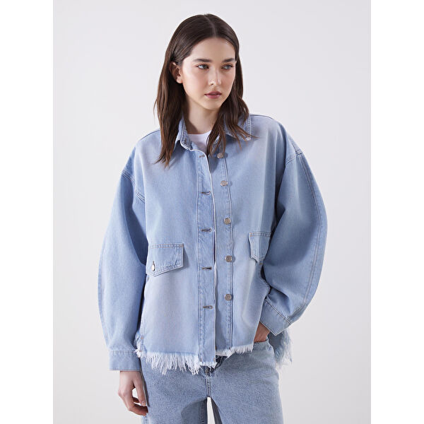 Yırtık Detaylı Oversize Kadın Jean Gömlek