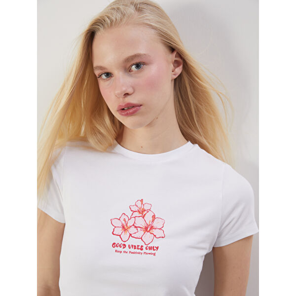 Bisiklet Yaka Baskılı Crop