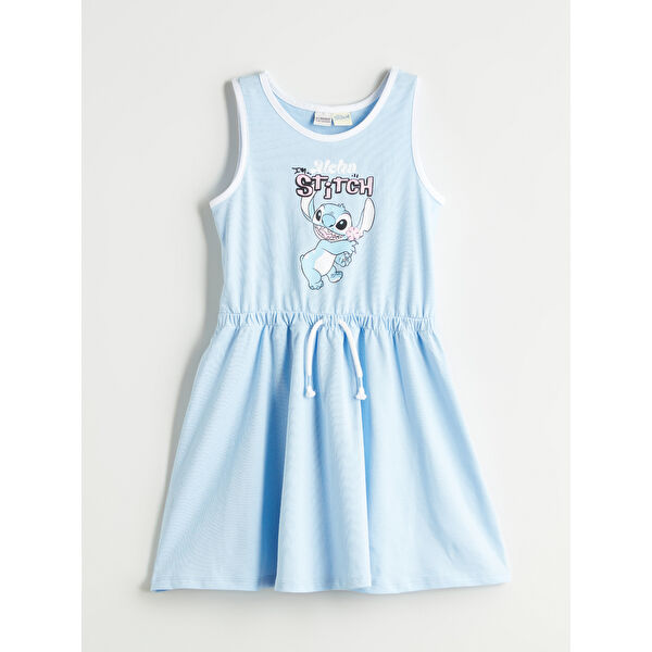 Bisiklet Yaka Stitch Baskılı Kız Çocuk Elbise