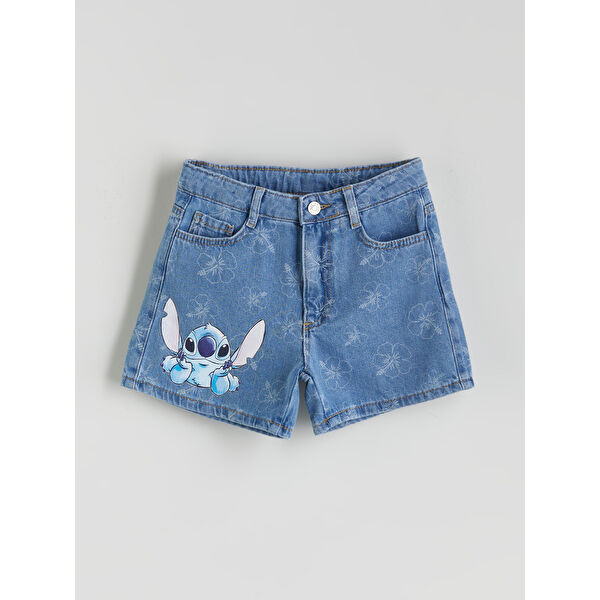 Stitch Baskılı Kız Çocuk Jean Şort