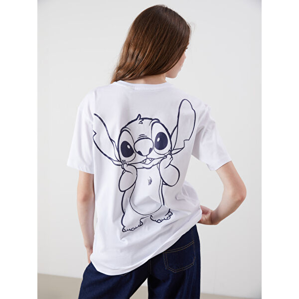 Bisiklet Yaka Stitch Baskılı Kadın Tişört