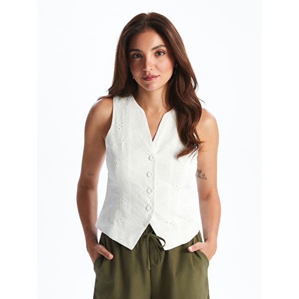 V Yaka Nakışlı Kadın Klasik Yelek