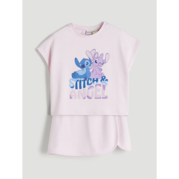 Stitch ve Angel Baskılı Kız Çocuk Tişört ve Şort Etek