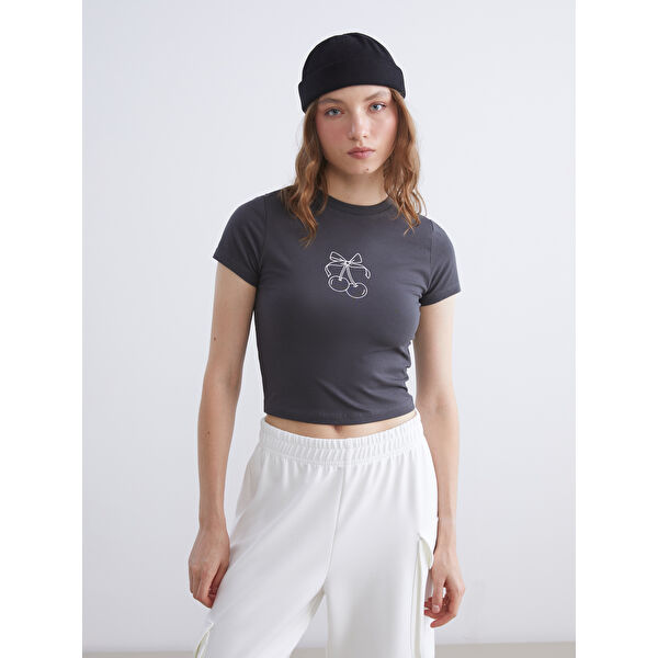 Bisiklet Yaka Baskılı Crop