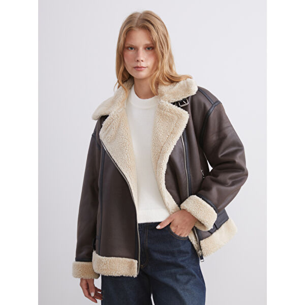 Kürk Yaka Oversize Kadın Süet Mont