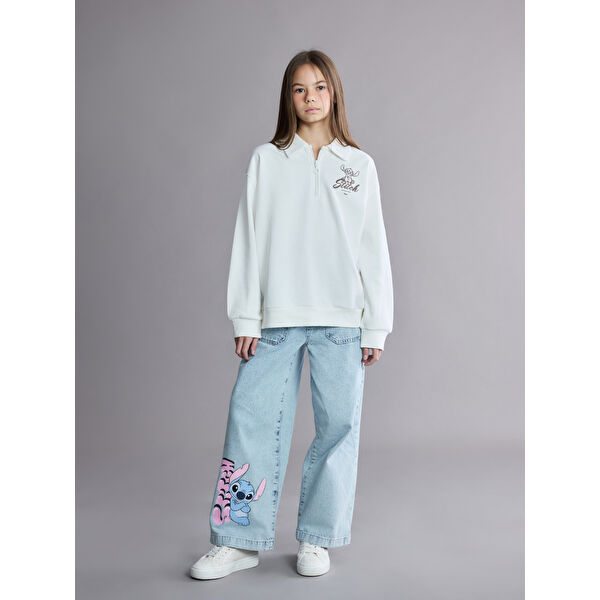 Wideleg Stitch Baskılı Kız Çocuk Jean Pantolon