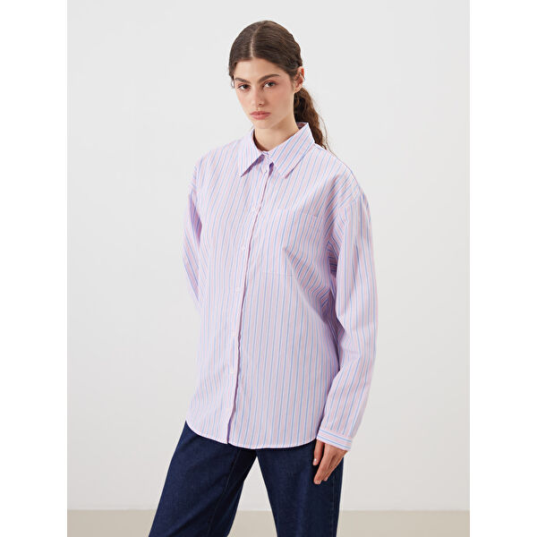 Çizgili Oversize Poplin Kadın Gömlek Tunik