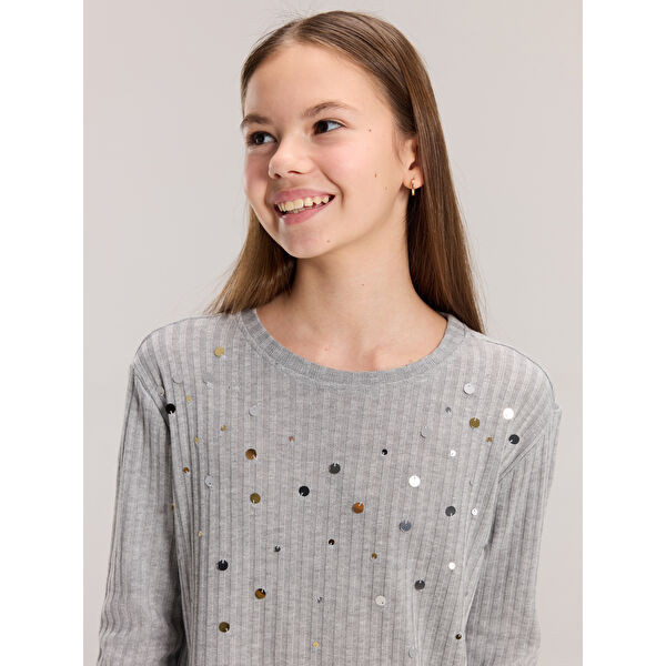 Bisiklet Yaka Pul İşlemeli Kız Çocuk Tişört