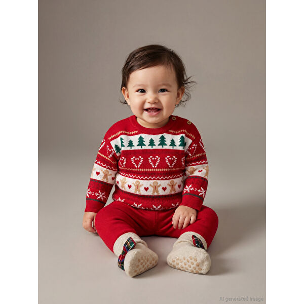 Bisiklet Yaka Yılbaşı Temalı Kız Bebek Kazak ve Tayt