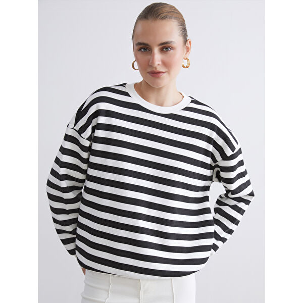 Bisiklet Yaka Çizgili Oversize Kadın Sweatshirt