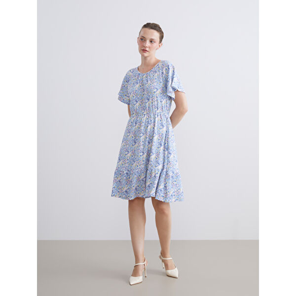 Bisiklet Yaka Çiçekli Pileli Elbise