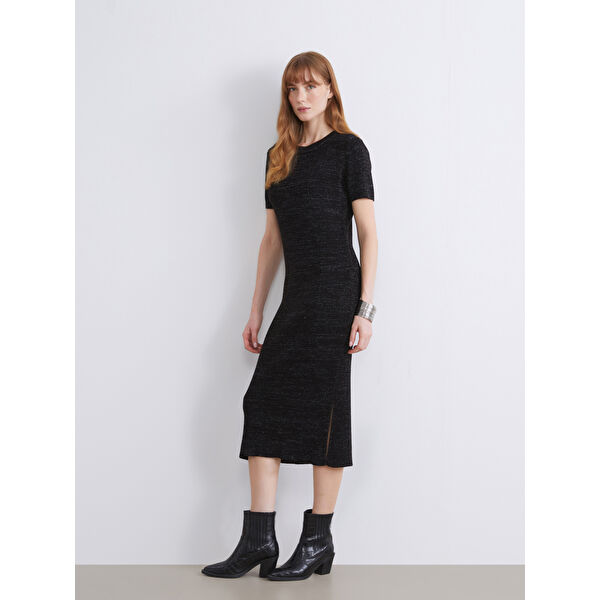 Bisiklet Yaka Parlak Görünümlü Elbise