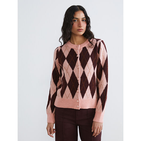 Bisiklet Yaka Baklava Desenli Kadın Triko Hırka