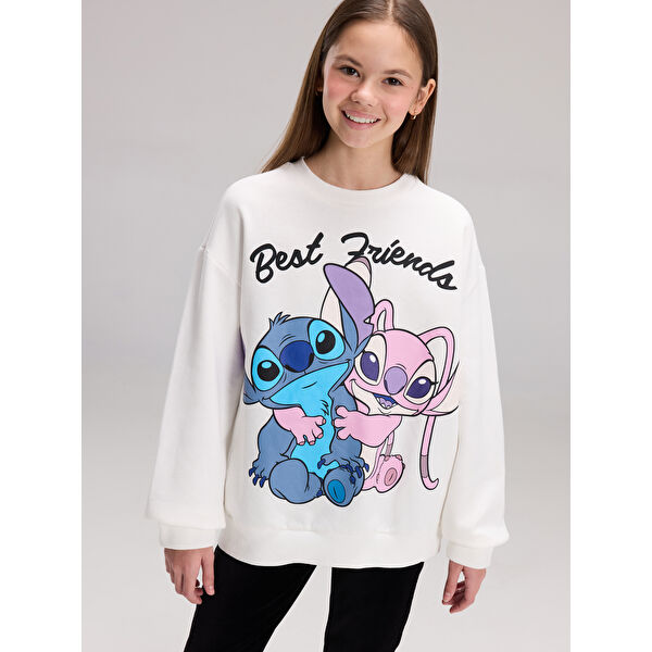 Stitch ve Angel Baskılı Kız Çocuk Kalın Sweatshirt