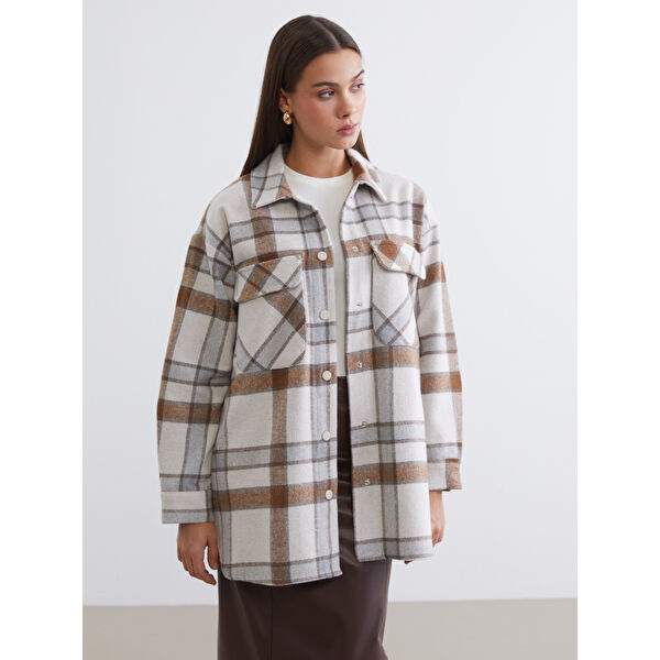 Ekose Oversize Kadın Kaşe Gömlek Ceket