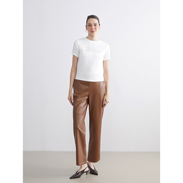 Beli Lastikli Kadın Deri Görünümlü Pantolon