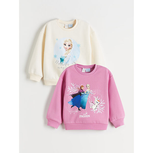 Bisiklet Yaka Elsa Baskılı Kız Çocuk Sweatshirt 2'li