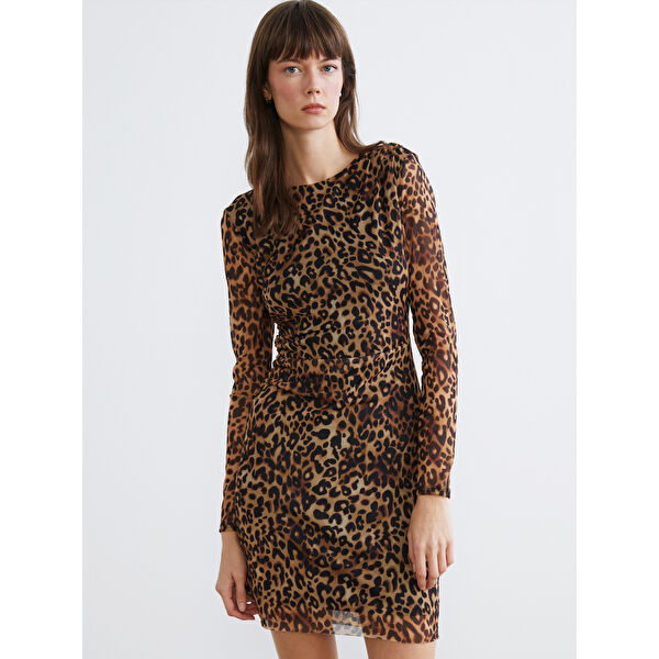 Leopar Desenli BüzgülüTül Mini Elbise