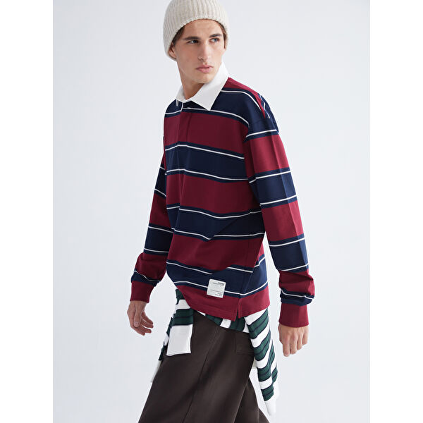 Polo Yaka Çizgili Erkek Sweatshirt