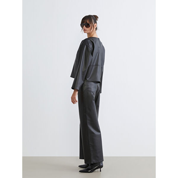 Loose Fit Kadın Deri Görünümlü Pantolon