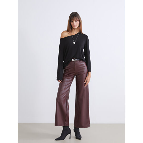 Loose Fit Kadın Deri Görünümlü Pantolon