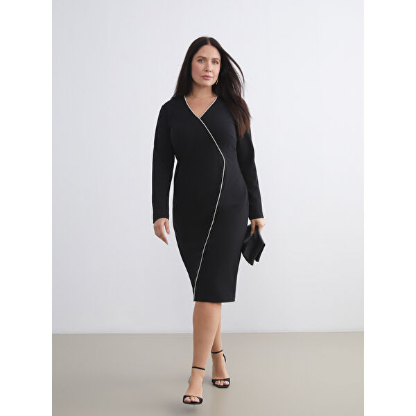 Büyük Beden V Yaka Krep Elbise