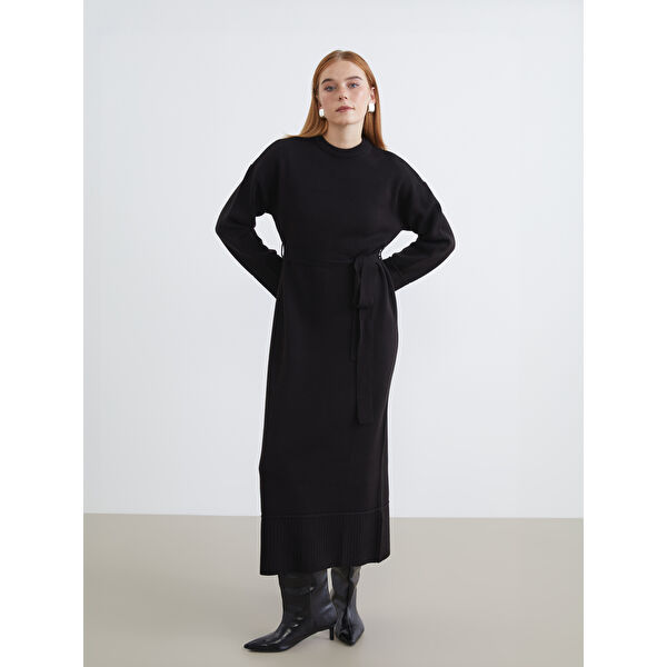 Bisiklet Yaka Kuşaklı Triko Elbise