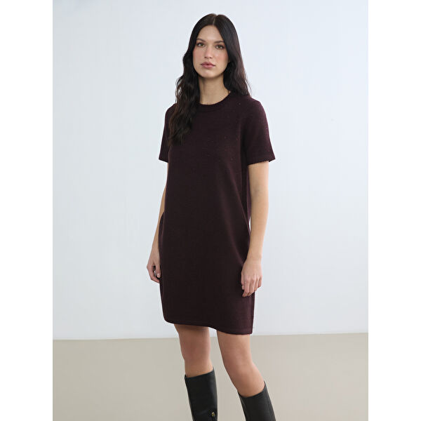 Bisiklet Yaka Taşlı Mini Triko Elbise