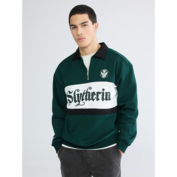 Polo Yaka Harry Potter Baskılı Erkek Kalın Sweatshirt