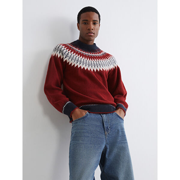 Bisiklet Yaka Desenli Erkek Triko Kazak