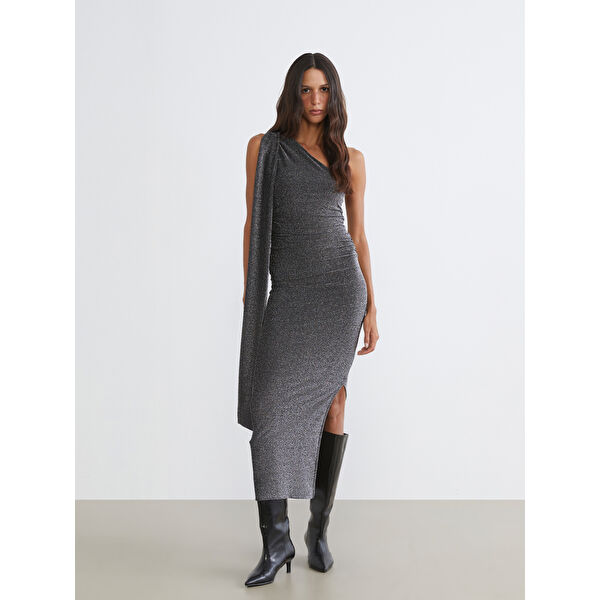 Tek Omuz Parlak Görünümlü Büzgülü Elbise