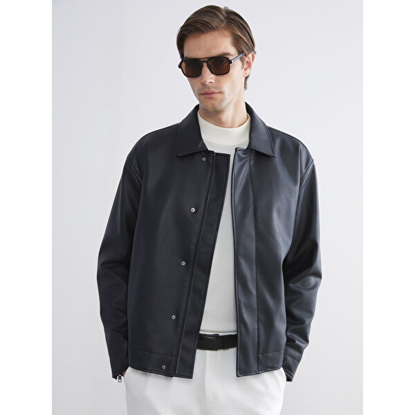 Rahat Kalıp Gömlek Yaka Erkek Deri Görünümlü Ceket