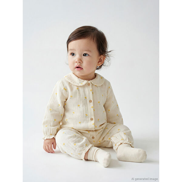 Fırfırlı Çiçek Baskılı Müslin Kız Bebek Tulum