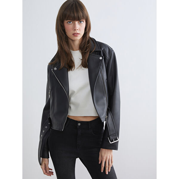 Gömlek Yaka Kadın Deri Görünümlü Ceket